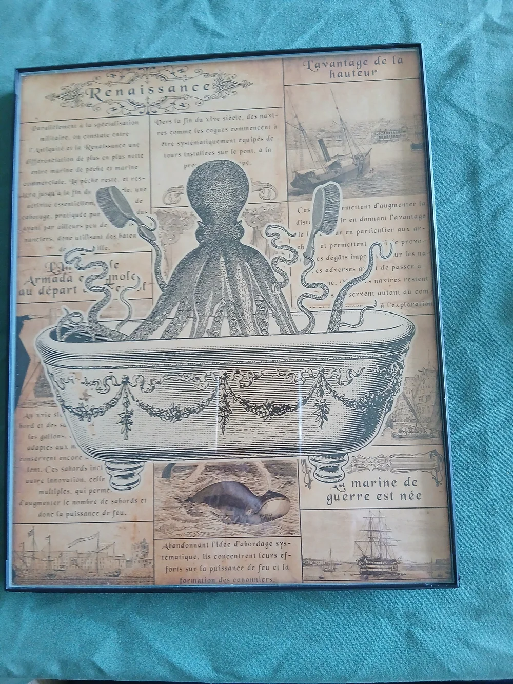 Vintage-Style Octopus Bathtub Wall Art Print - Brown & Beige